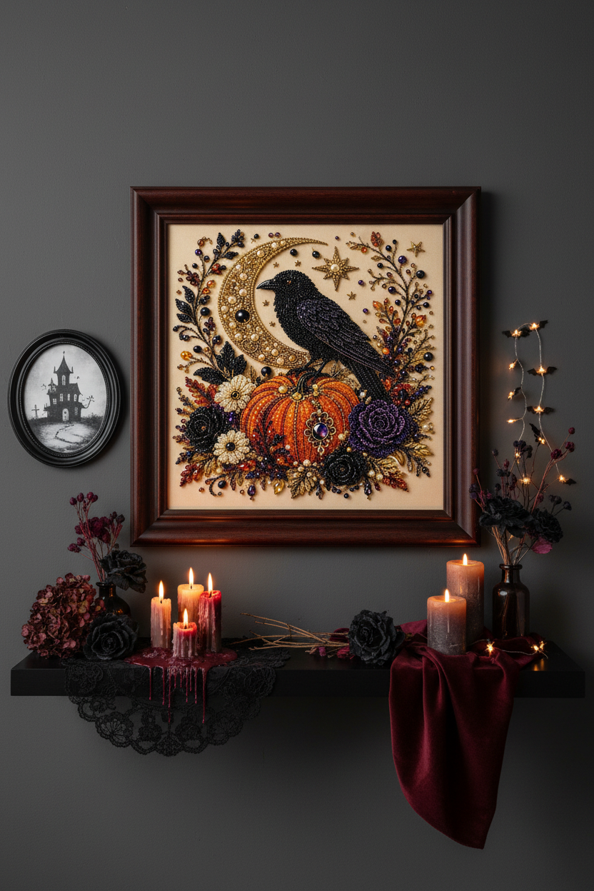 Halloween diamond art gem painting framed on a gallery wall with moody Halloween decor
