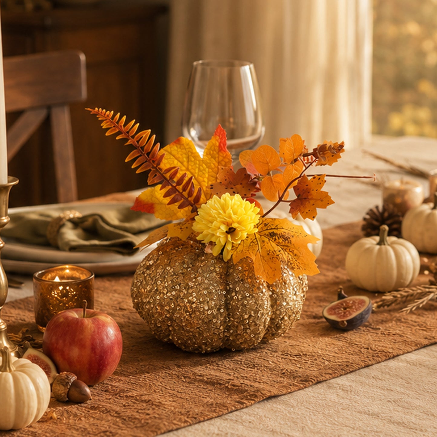 Glitter Faux Pumpkin & Dahlia Set – Fall Harvest Thanksgiving Table Decor