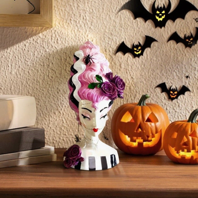 Pink Frankenstein Bride Statue – Halloween Resin Half-Body Home Decor