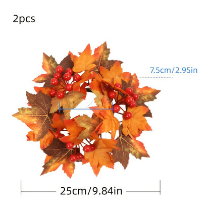 Faux Flower Wreath with Maple Leaves and Pinecones for Table and Living Room Decoration, Thanksgiving and Harvest Festival Decor, Holiday Candle Holder Wreath