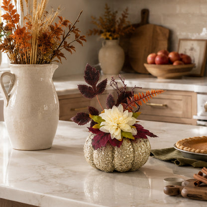 Glitter Faux Pumpkin & Dahlia Set – Fall Harvest Thanksgiving Table Decor