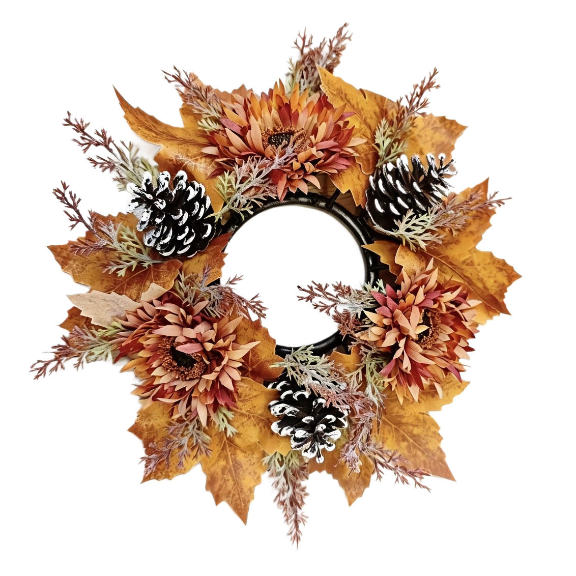 Faux Flower Wreath with Maple Leaves and Pinecones for Table and Living Room Decoration, Thanksgiving and Harvest Festival Decor, Holiday Candle Holder Wreath