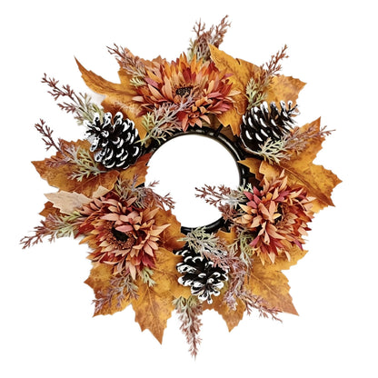 Faux Flower Wreath with Maple Leaves and Pinecones for Table and Living Room Decoration, Thanksgiving and Harvest Festival Decor, Holiday Candle Holder Wreath