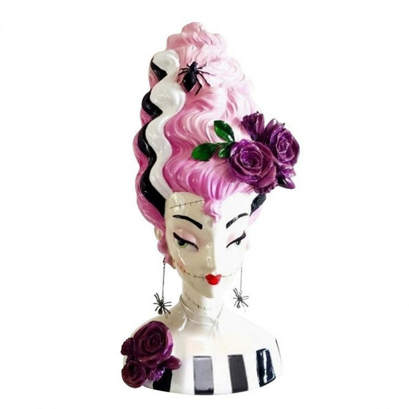 Pink Frankenstein Bride Statue – Halloween Resin Half-Body Home Decor