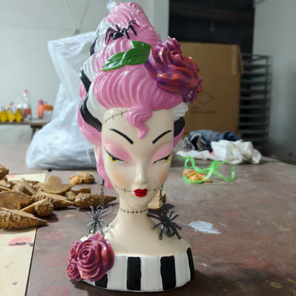 Pink Frankenstein Bride Statue – Halloween Resin Half-Body Home Decor