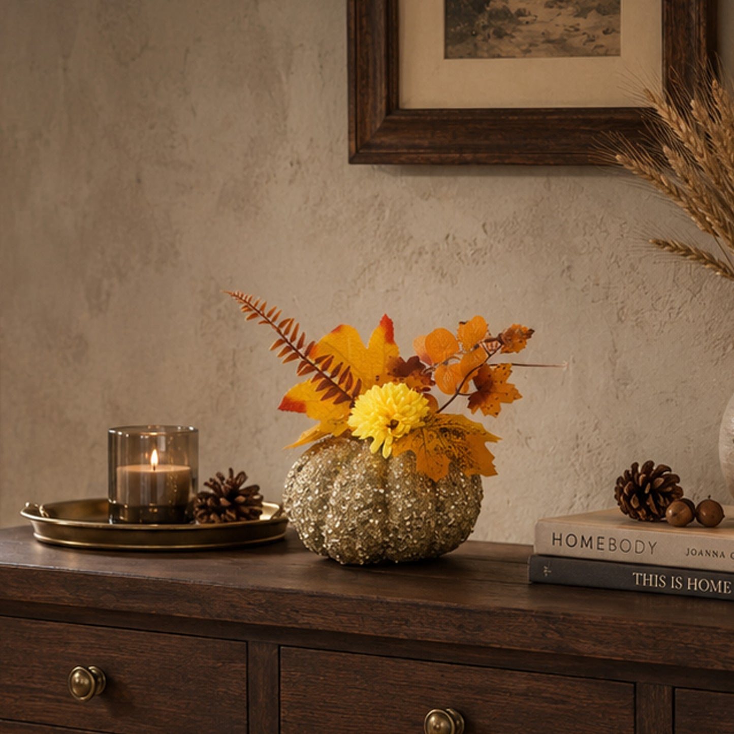 Glitter Faux Pumpkin & Dahlia Set – Fall Harvest Thanksgiving Table Decor