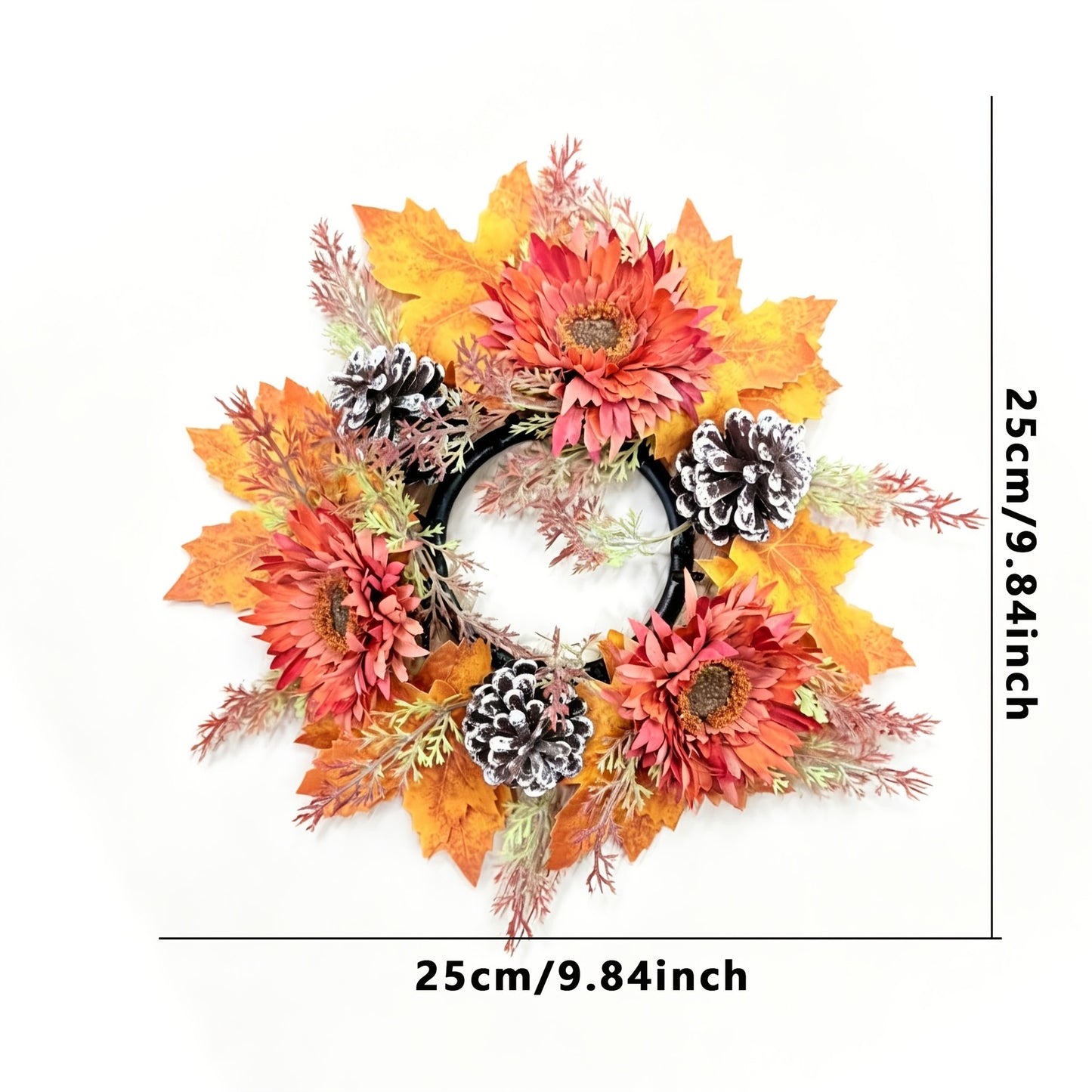 Faux Flower Wreath with Maple Leaves and Pinecones for Table and Living Room Decoration, Thanksgiving and Harvest Festival Decor, Holiday Candle Holder Wreath