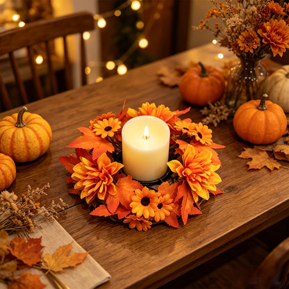 Faux Flower Wreath with Maple Leaves and Pinecones for Table and Living Room Decoration, Thanksgiving and Harvest Festival Decor, Holiday Candle Holder Wreath