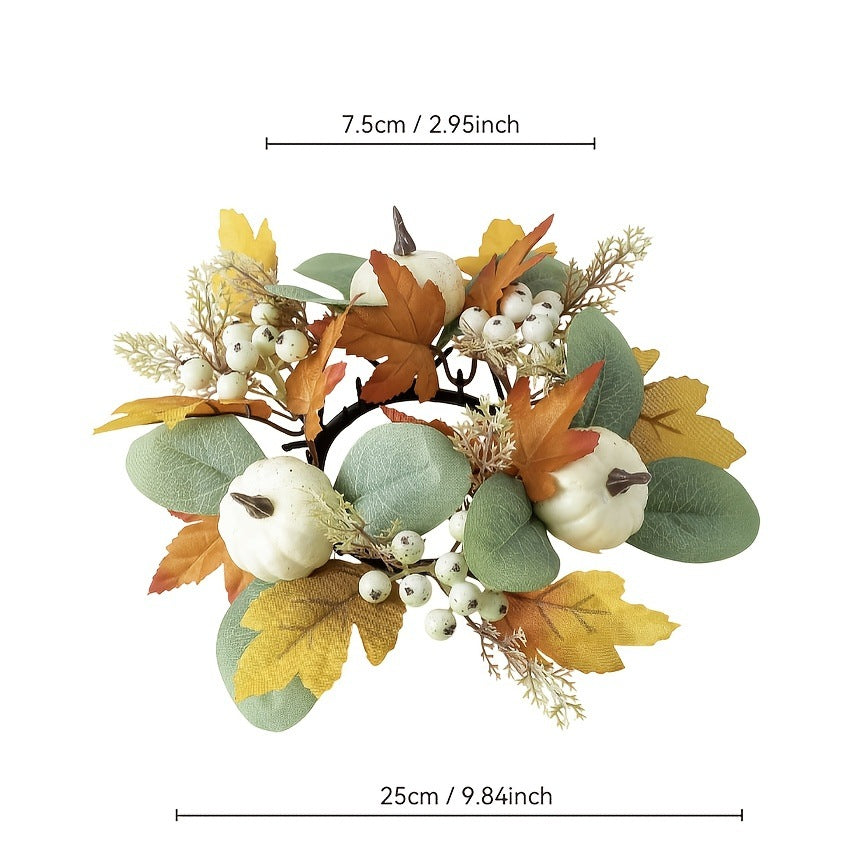 Faux Flower Wreath with Maple Leaves and Pinecones for Table and Living Room Decoration, Thanksgiving and Harvest Festival Decor, Holiday Candle Holder Wreath