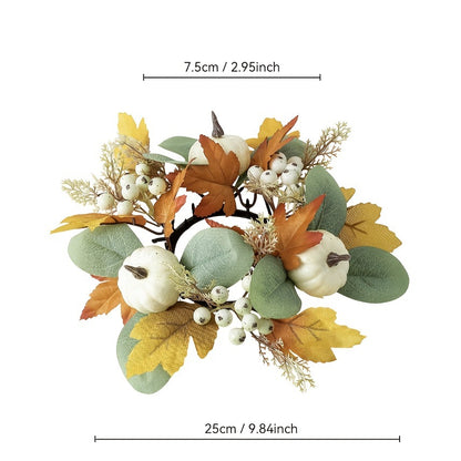 Faux Flower Wreath with Maple Leaves and Pinecones for Table and Living Room Decoration, Thanksgiving and Harvest Festival Decor, Holiday Candle Holder Wreath
