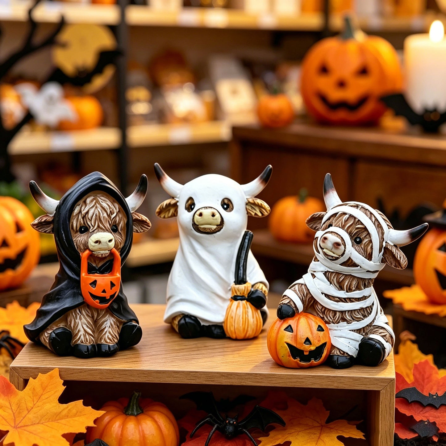 Highland Cow Halloween Figurine – Cute Resin Pumpkin Animal Decor