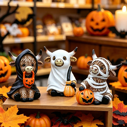 Highland Cow Halloween Figurine – Cute Resin Pumpkin Animal Decor