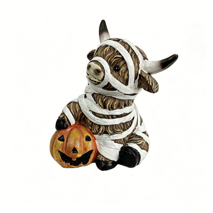 Highland Cow Halloween Figurine – Cute Resin Pumpkin Animal Decor