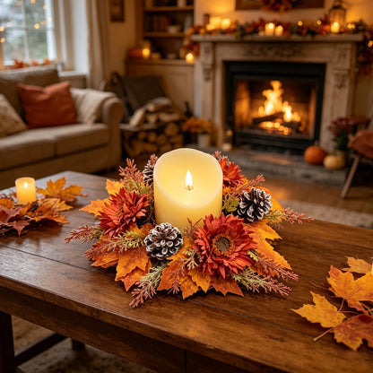 Faux Flower Wreath with Maple Leaves and Pinecones for Table and Living Room Decoration, Thanksgiving and Harvest Festival Decor, Holiday Candle Holder Wreath