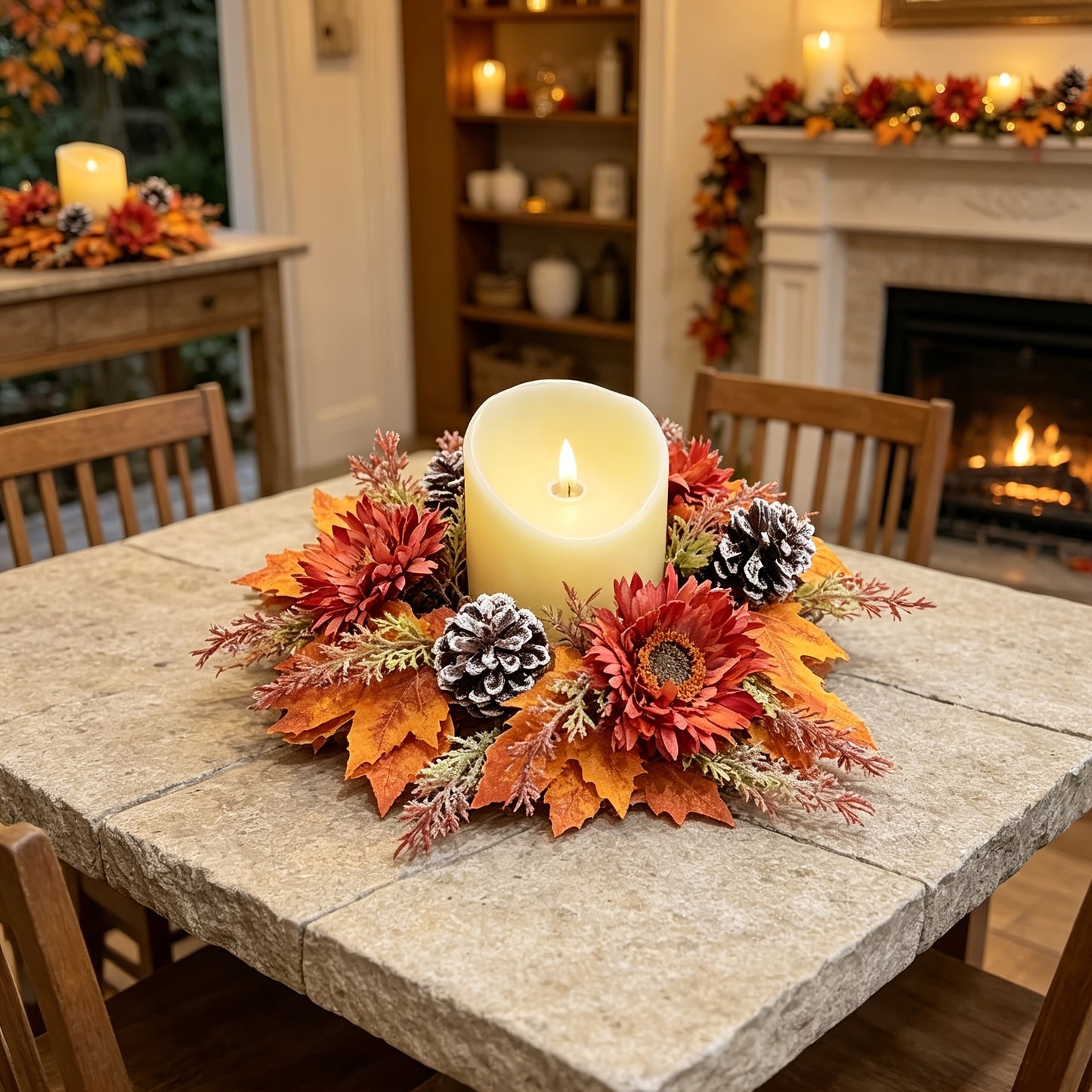 Faux Flower Wreath with Maple Leaves and Pinecones for Table and Living Room Decoration, Thanksgiving and Harvest Festival Decor, Holiday Candle Holder Wreath