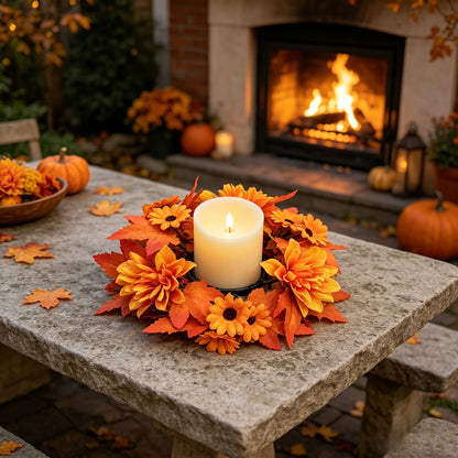 Faux Flower Wreath with Maple Leaves and Pinecones for Table and Living Room Decoration, Thanksgiving and Harvest Festival Decor, Holiday Candle Holder Wreath