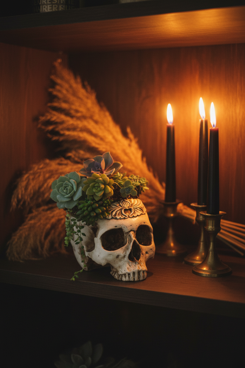 Skull succulent planter styled on a gothic shelf with candles and pampas grass