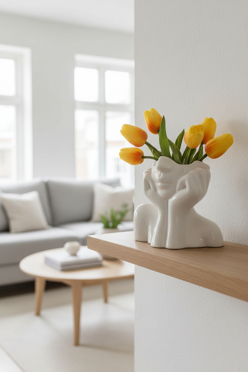 Human form ceramic vase with tulips on a Nordic shelf in a bright Scandinavian living room